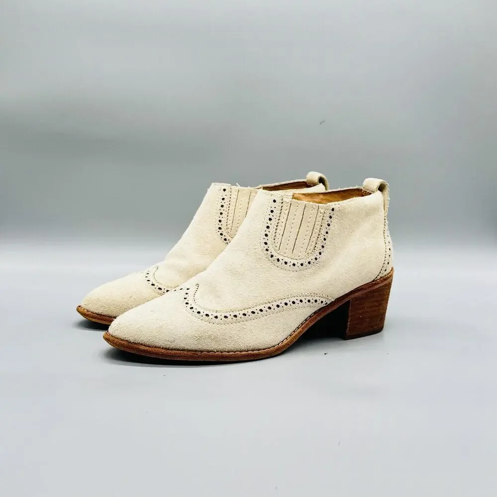 Madewell Boots Womens 8 White Suede Grayson Brogue Chelsea Ankle Block Heel